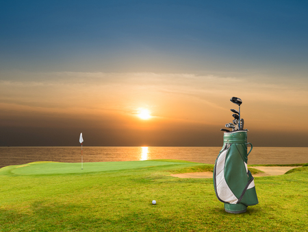 golf equipment and golf ball on green .の写真素材