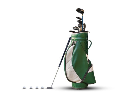 Golf equipment golf ball and golf bag isolated.の写真素材