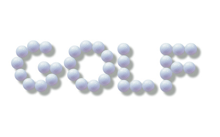 White golf ball on green grass background for web page , golf text.の写真素材