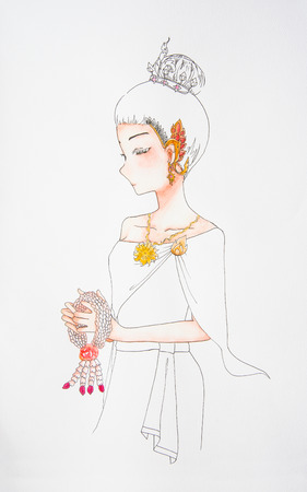 Continuous line Drawing Thai  Girl Ancient Style on White Background.の写真素材