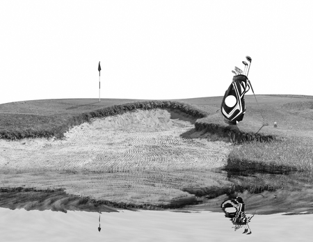 Golf equipment , golf bag ,putter ,ball on green with beautiful light reflect on the water isolated on white background.の写真素材