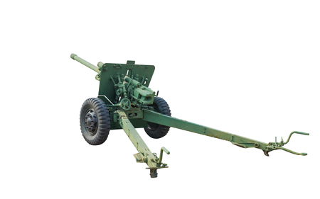 Artillery gun. Gun of the second world war. Light howitzer Long rifled barrel. Isolated on white background.の写真素材