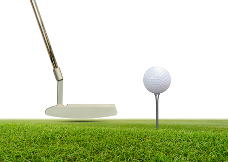 Golf ball and Putter on green grass isolated on white background.の写真素材