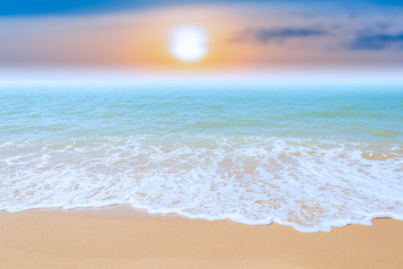 Abstract beach background. Yellow sand, blue sky and calm tropical beach landscape.Exotic nature concept.Location Satheep Thailand.の写真素材