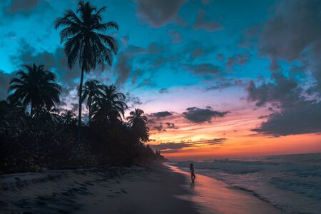 a girl on the beach during the sunsetの写真素材
