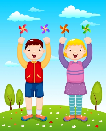 illustration of kids playing wind wheelのイラスト素材