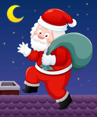 Santa Claus with gift bag on roofのイラスト素材