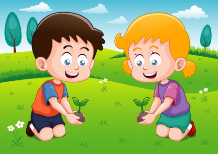 Little kids is planting small plant in gardenのイラスト素材