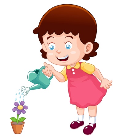 illustration of a cute little girl watering flower のイラスト素材