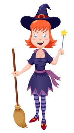illustration of witch cartoon with broom Vectorのイラスト素材