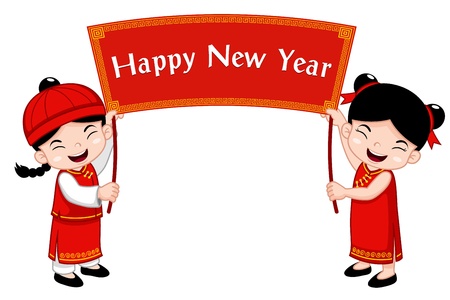 Chinese Kids with Happy New Year signのイラスト素材