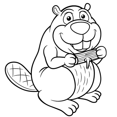 Vector illustration of Cartoon beaver with a wood - Coloring bookのイラスト素材