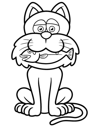 Vector illustration of cat holding a fish in its mouth - Coloring bookのイラスト素材