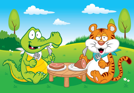 Vector illustration of Cartoon crocodile and tiger eatingのイラスト素材
