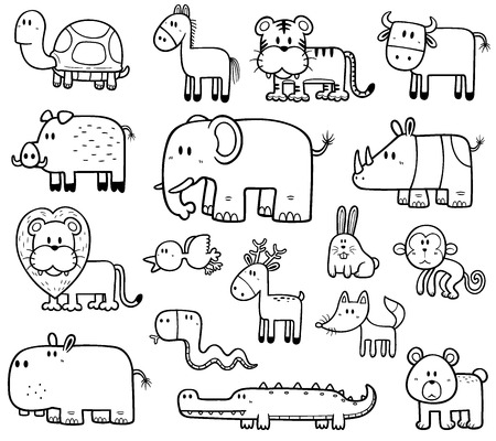 Vector Illustration of Cartoon Wild Animals set - Coloring book