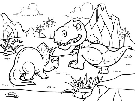 Vector illustration of Dinosaurs cartoon fighting - Coloring bookのイラスト素材