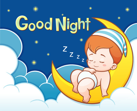 Illustration of Cartoon Cute Baby Sleeping on the moon with Good night textのイラスト素材