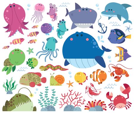 Vector Illustration of Sea animals Cartoon set. Marine life. Underwater animals.のイラスト素材