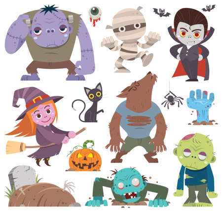 Vector illustration of Cartoon Set Halloween characters. Mummy, zombie, vampire, witch, pumpkin headのイラスト素材