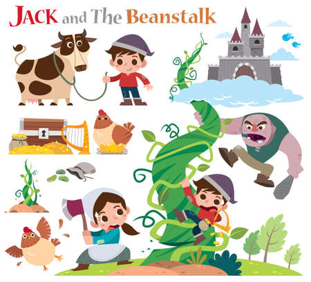 Vector Illustration of Cartoon characters Jack and the beanstalk. Fairy tale characters set.のイラスト素材