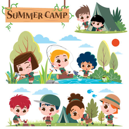 Vector illustration of Scout kids character. Summer camp scouts. Summer camp kidsのイラスト素材