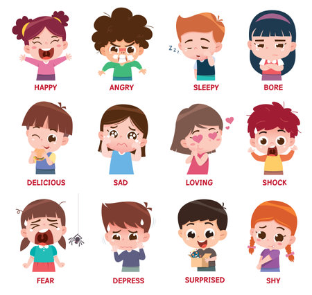 Vector illustration of Cartoon emotions children, Variety kids face expressionsのイラスト素材
