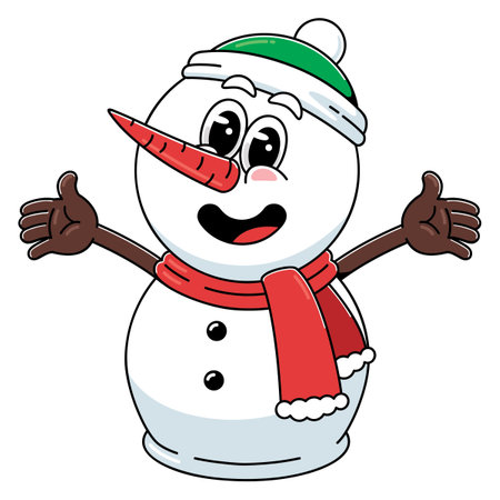 Snowman with red scarf and hat isolated on white background. Vector illustration.のイラスト素材