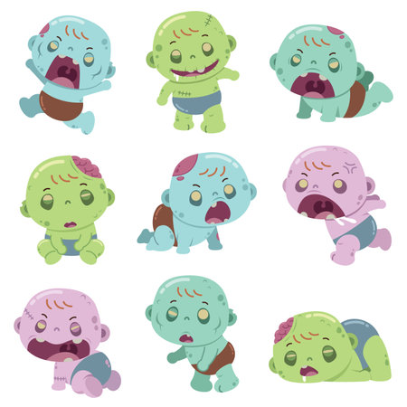 Set of cute cartoon zombie characters. Vector illustration isolated on white background.のイラスト素材