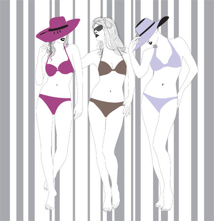 Models in bathing suits on a striped background. Vectorのイラスト素材