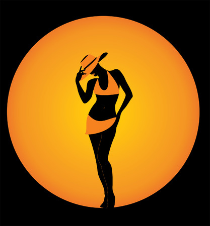 Silhouette of the girl in an elegant hat on a decline. Vector illustrationのイラスト素材