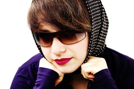 The girl in sun glasses and a scarf in peas on a white backgroundの写真素材