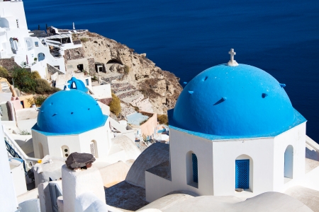 Church Cupolas and the Tower Bell from Santorini, Greece の写真素材