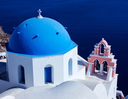 Church Cupolas and the Tower Bell from Santorini, Greeceの写真素材