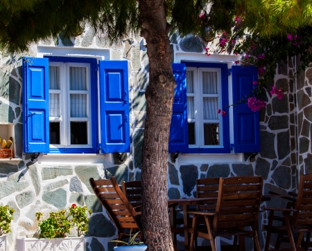 Vintage blue window on the white wall のeditorial素材