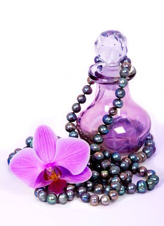 Perfume bottle with flower close up shootの写真素材
