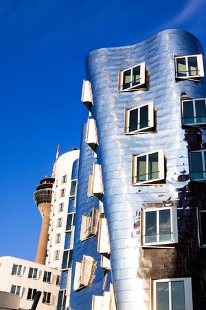 View of the Neuer Zollhof in Media Harbor in Dusseldorf, Germany.のeditorial素材