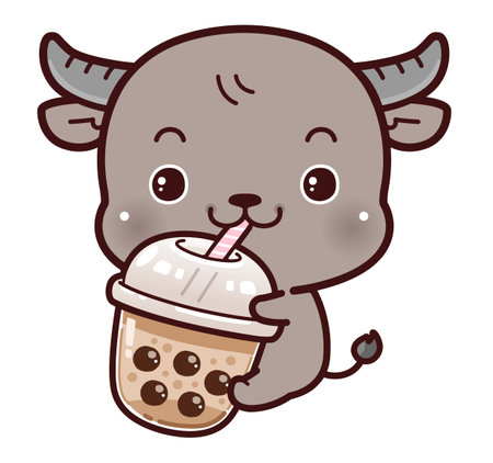 Cute Little Carabao Hug and drink Boba Milk Teaのイラスト素材