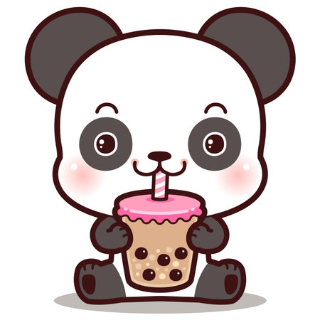 Cute Little Panda Eating Boba Bubble Milk Tea.のイラスト素材