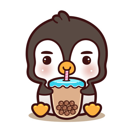 Cute penguin sitting drinking boba milk tea. Flat cartoon styleのイラスト素材