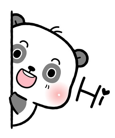 Cute Little Panda say hi standing behind a wall while peeking with curiosity, flat cartoon style.のイラスト素材