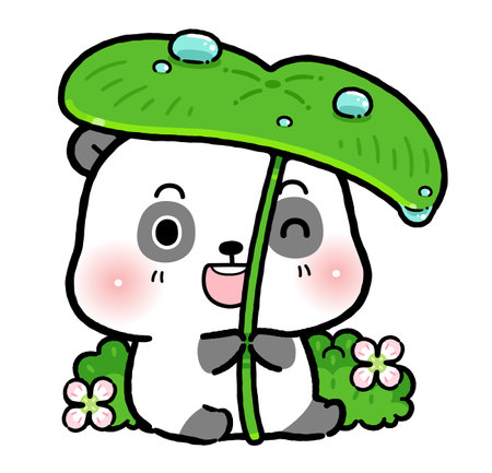 Cute Little Panda is hiding under a big leaf from the rain. flat cartoon style.のイラスト素材