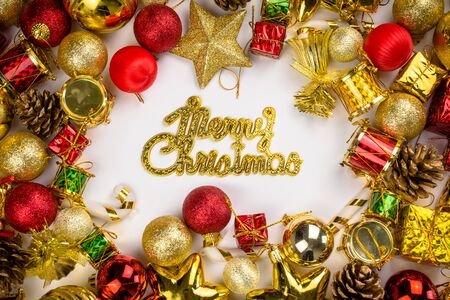 Christmas Decorations flat lay concept, new year and merry christmas gift ball items on a white tableの写真素材