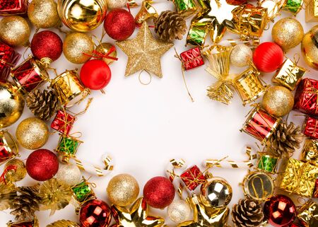 Christmas Decoration Items with Black Background, Gift Box Gold And Red Color Ball Flat lay Top Viewの写真素材