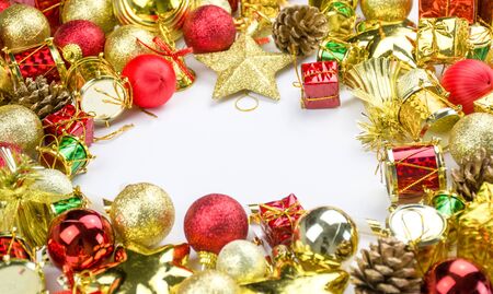Christmas Decoration Items with Black Background, Gift Box Gold And Red Color Ball Flat lay Top Viewの写真素材