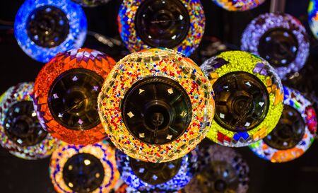 colorful ceiling lights traditional Turkish Hanging Crystal type Lamp a shot from Dubai Spice and gold souk famous place in Dubaiの写真素材