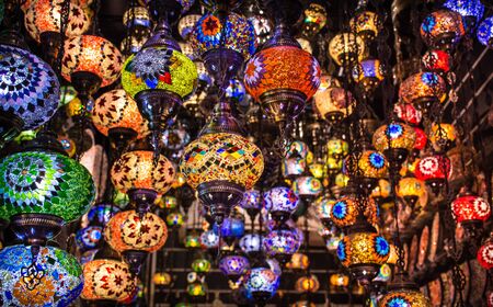 Colorful Ceiling Lights Traditional Turkish Lamps  shot from Dubai Spice Soukの写真素材