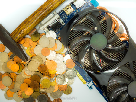 Bitcoin concept, Video Graphics card with powerful GPU isolated on white background. Might be used...