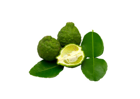 Kaffir Lime fruits and leaf with isolated on whiteの写真素材