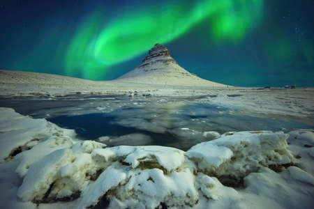 Mount Kirkjufell Iceland.Iceland Landscape cold panorama at nightの写真素材