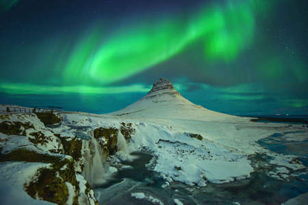 Mount Kirkjufell Iceland.Iceland Landscape cold panorama at nightの写真素材